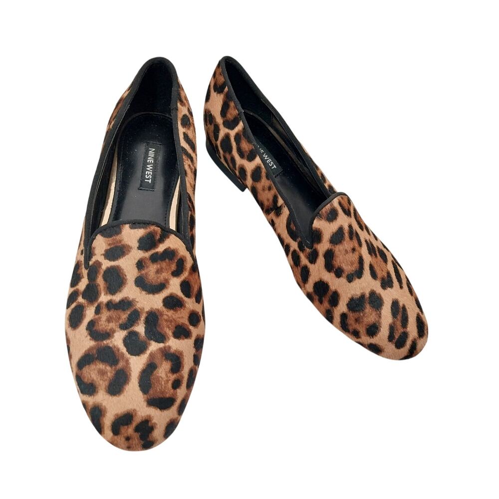 NINE WEST! BLACK, BROWN & TAN LEOPARD GENUINE LEATHER COWHIDE FLATS! SZ 9M - Picture 2 of 11
